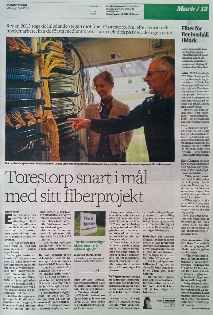 Torestorps Fiber i Borås Tidning 20170717